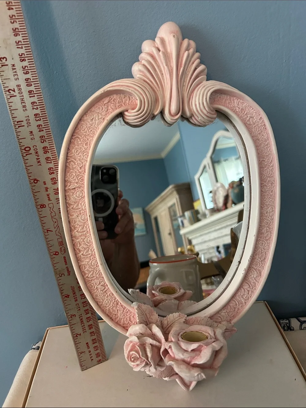 Pink Vintage-Style Floral Oval Wall Mirror with Candle Cut out for option EUC